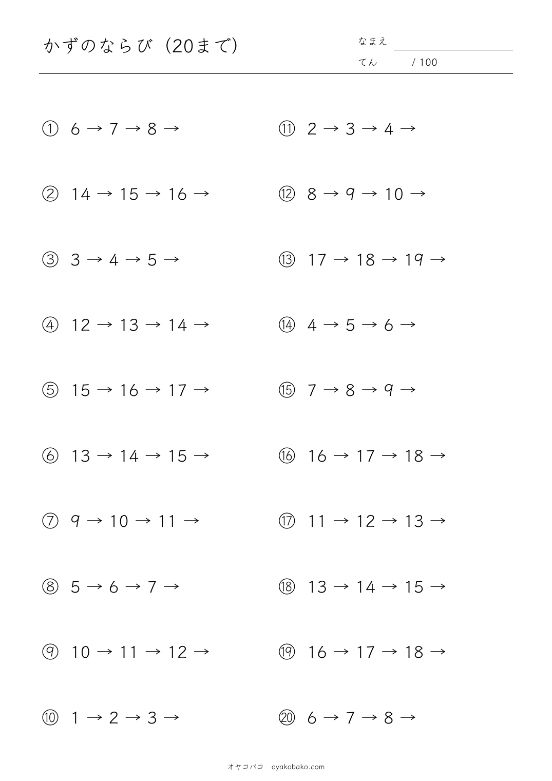 かずのならび（20まで）のプリント